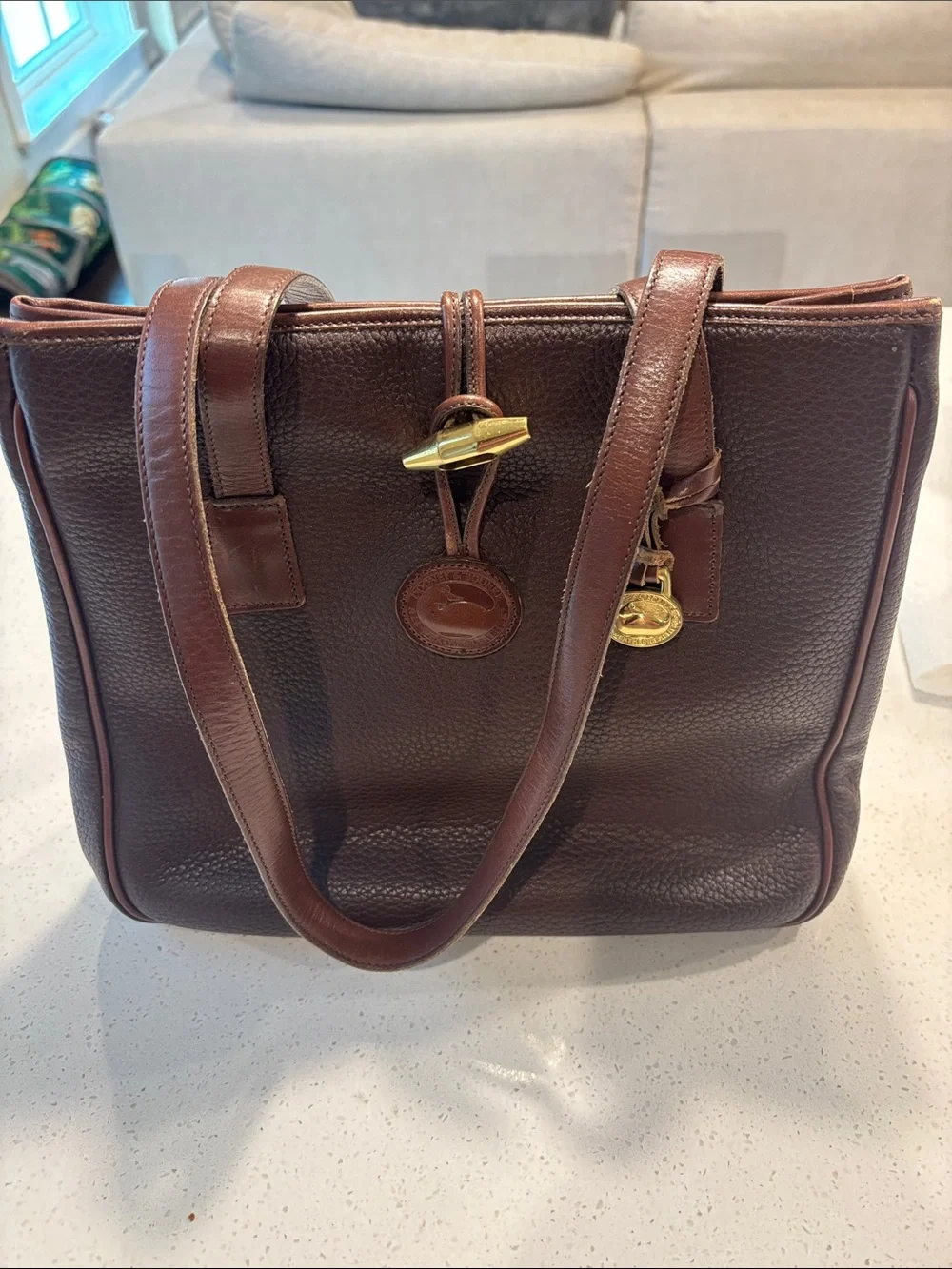 Vintage Dooney & Bourke AWL Toggle Tote Bag Brown Pebbled Leather Made In USA